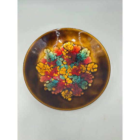 Enamel Over Copper Mid Century Signed Plate Blue Red Gold Round Dish Abstract - Picture 2 of 10